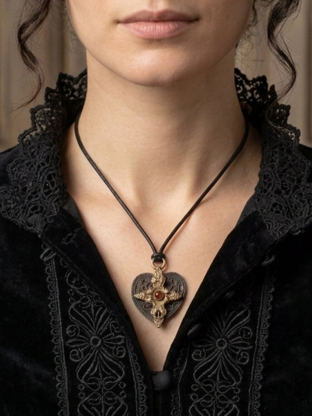 Antique-style Mixed-metal Heart & Cross Pendant Black Cord Choker Necklace